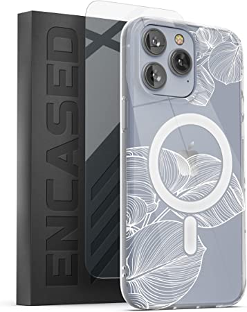 Encased Magnetic Case Designed for iPhone 14 Pro Max Clear Case with Design with Screen Protector - Compatible with MagSafe Phone Accessories (White Lace Leaf)