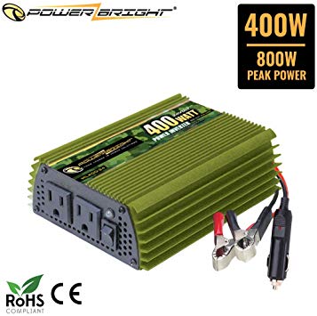 Power Bright 400Watt 24V Power Inverter, Dual 110V AC Outlets, Back Up Power Supply for Small appliances, Battery Cables with Clamps for Simple Battery Connection Included