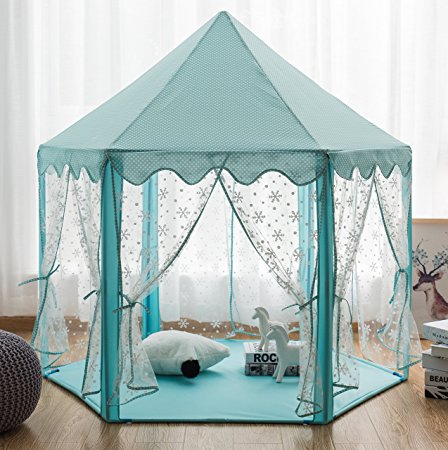 Pericross Snowflake Veil Hexagon Princess Play Tent with Metal Frame and 33ft 100 Diodes LED Brass Wire Lights and Flash Control