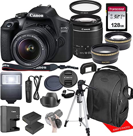 Canon EOS 2000D / Rebel T7 w/Canon EF-S 18-55mm F/3.5-5.6 III Zoom Lens & Professional Accessory Bundle W/ 128GB Memory Card & Back-Pack Case & Spare Battery & More