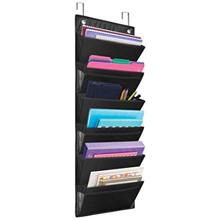 Eamay Hanging File Organizer Wall Mount Storage Pocket Chart, Over The Door Office Supplies Pocket Chart for Classroom, School, Home Use - 2 Over Door Hanger Included (Black)