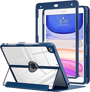 MoKo Case for iPad 9th Generation 2021/ iPad 8th Generation 2020/ iPad 7th Gen 2019 with Pencil Holder, Built-in Screen Protector Clear Back, Multi Angle Stand, with Auto Wake/Sleep, Dark Sea Blue