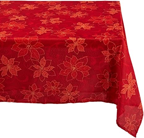 Benson Mills Poinsettia Scroll Printed Fabric Tablecloth, 60-Inch-By-120-Inch