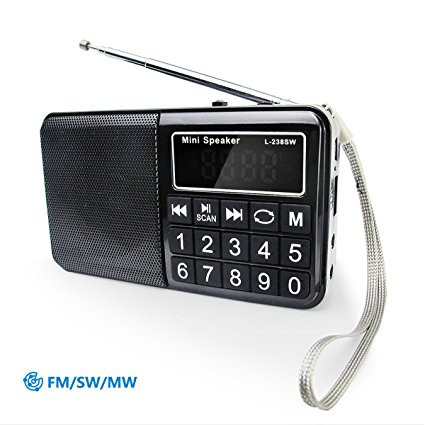 PRUNUS Portable SW / FM / MW MP3 radio with neodymium speaker. Large button and large display. Stores stations automatically. Supports the following: Flash drive / Micro SD card / TF card (8GB, 16GB, 32GB, 64GB) to allow the user to play stored MP3 files (Black)