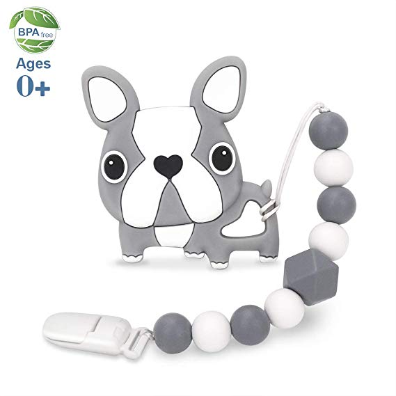 Baby Teething Toys, Teething Pain Relief, Silicone Teether with Pacifier Clip Natural BPA Free Dog for Freezer - Best Newborn Shower Gifts for Trendy Boy or Girl (Gray)