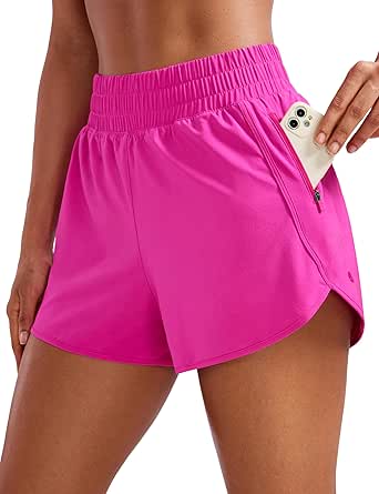 CRZ YOGA Women's High Waisted Running Shorts Mesh Liner - 3'' Dolphin Quick Dry Athletic Gym Track Workout Shorts Zip Pocket