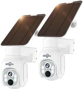 Hiseeu Wireless Solar Security Camera, 2PCS 4MP Battery Camera Outdoor, PTZ 360° View, PIR Motion Detection, Color Night Vision, IP66, 2-Way Audio, 2.4G WiFi