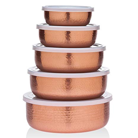 Godinger 5 Piece Hammered Copper Plated Stackable Storage Bowl Set with airtight Lids-Perfect Holiday Gift