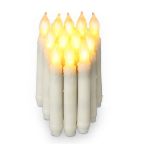 Set of 12 Flameless Ivory Mini Wax Dipped Flickering Amber LED Taper Candles-Batteries Included