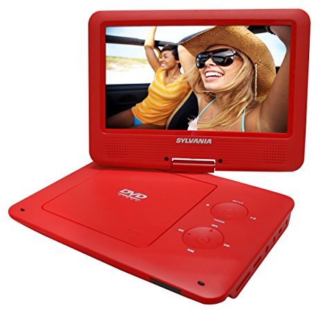 Sylvania 9-Inch Swivel Screen Portable DVD/CD/MP3 Player with 5 Hour Built-In Rechargeable Battery, USB/SD Card Reader, AC/DC Adapter, Red