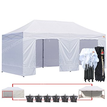 （18 colors）ABCCANOPY Deluxe 10x20 Pop up Canopy Outdoor Party Tent Commercial Gazebo with Enclosure Walls and Wheeled Carry Bag Bonus 6x Weight Bag and 2x Half Walls and 1x screen wall (white)