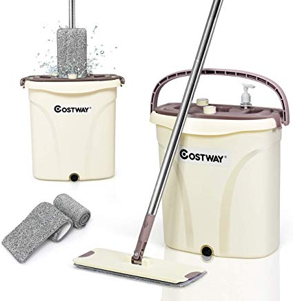 COSTWAY Mop and Bucket Set with 2PCS Microfiber Pads, Hand-Free Wringing Flat Squeeze Mop Separate Dirty Water from Clean Water for Wet and Dry Mopping on Hardwood, Laminate, Tile