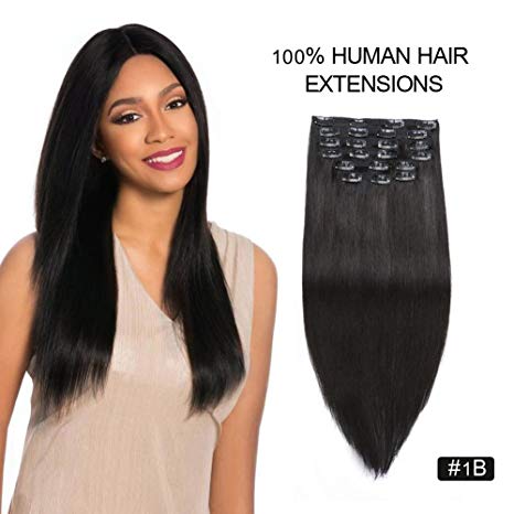 Clip on Hair Extensions Human Hair, Re4U 24inch 220gram Thick Real Human Hair #1B Off Black Clip in Extensions for Short and Thin Hair (24" 10pcs 220g #1B Natural Black)
