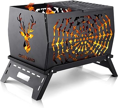 Odoland Wood Fire Pits, Camping Bonfire Stove, Burning Fire Pits for Outside, Rectangle Cast Iron Campfire Pit for Patio Backyard with Spark Screen, Fire Poker and Metal Gate with Carry Bag,Deer Shape