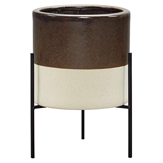 Rivet Mid-Century Ceramic Planter with Stand, 14"H, Dark Brown