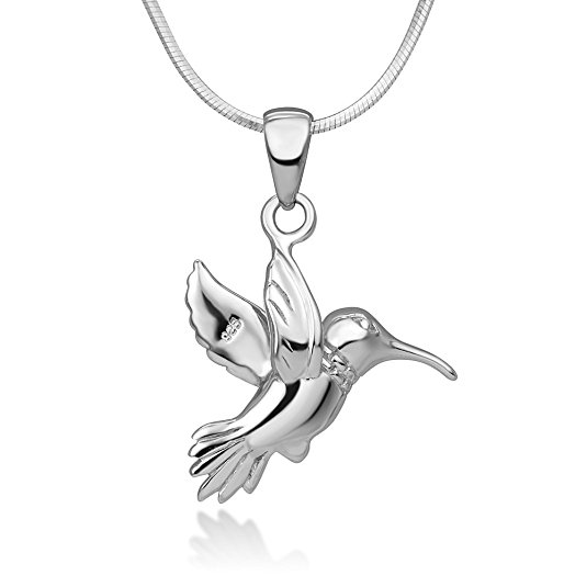 925 Sterling Silver Beautiful Hummingbird Nature Pendant Necklace, 18 inch Snake Chain