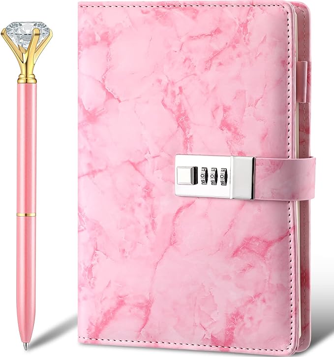 Zonon Diary with Lock Marble PU Leather A5 Journal Combination Lock Secret Personal with Diamond Pen for Girls Women Boys (Pink,1 Pcs)