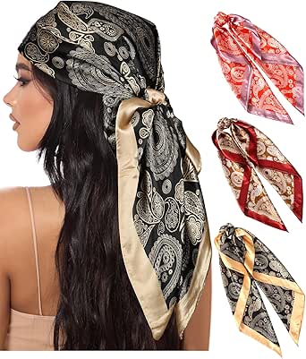 AWAYTR 35” Large Square Satin Head Scarf - 3Pcs Satin Hair Scarves Silk Bandana Scarf Headscarf Silk Feeling Scarf for Women