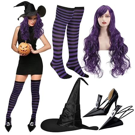 4 Pieces Women Girls Halloween Cosplay Accessories, Purple Hair Wig and Striped Thigh High Stockings, Black Witch Hat and Witch Costume Shoe Covers