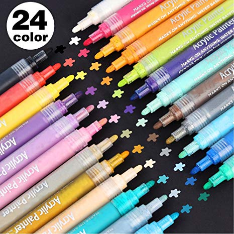 24 Colors Acrylic Paint Markers, Lelix Permanent Acrylic Paint Marker Pens for Rock, Glass Painting, Ceramic, Wood, Canvas, Fabric, Photo Album, DIY Craft Projects, Medium Point
