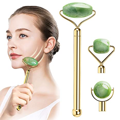 Jade Roller Facial Massage Tool, JOMARTO Natural Jade Skin Roller Gift Kit, Reduce Under-eye Swelling, Tighten Skin, Anti-Aging, Anti-wrinkles Massage Beauty Roller for Different Parts of Body