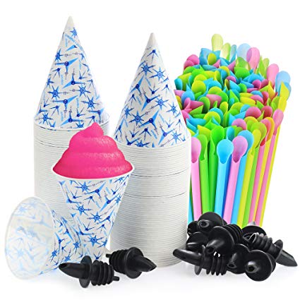 Set of 406- 200 Snow Cone Cups 6 Oz, and 200 Sno-Cone Spoon Drinking Straws, Assorted Neon Colors, and 6 Free Flow Pourers,