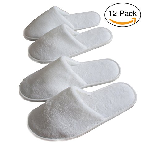 12 Pairs of Unisex White Fluffy Closed Toe Spa Slippers by Bizarre.ly - Two Sizes to Fit Most Men and Women, Comfortable and Non-Slip - Perfect for Home, Hotel or Commercial Use