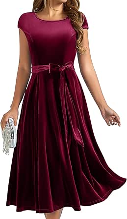 DRESSTELLS Velvet Cocktail Dresses for Women Wedding Guest, Winter Holiday Party Fit Flare Evening Dress