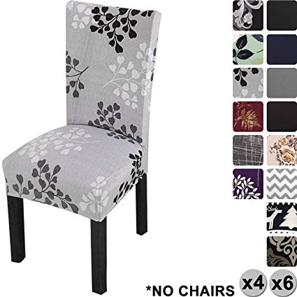 YISUN Modern Stretch Dining Chair Covers Removable Washable Spandex Slipcovers for High Chairs 4/6 PCs Chair Protective Covers (Grey/Leaf Pattern, 6 PCS)