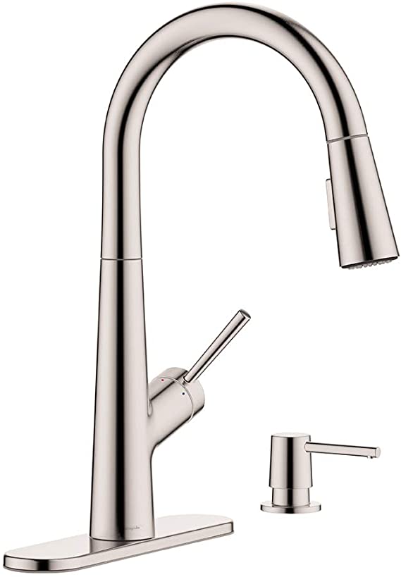 hansgrohe 1-Handle 17-inch Tall Stainless Steel Kitchen Faucet with Pull Down Sprayer with QuickClean in Stainless Steel Optic, 04749805