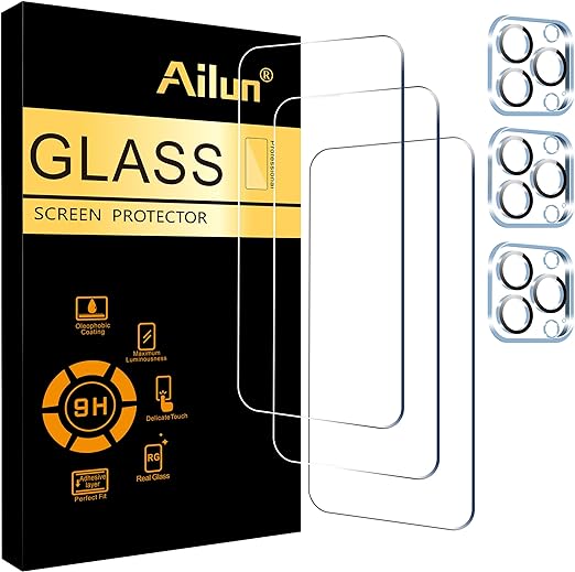 Ailun 3 Pack Screen Protector for iPhone 15 Pro [6.1 inch]   3 Pack Camera Lens Protector,Case Friendly Tempered Glass Film,[9H Hardness] - HD [6 Pack]