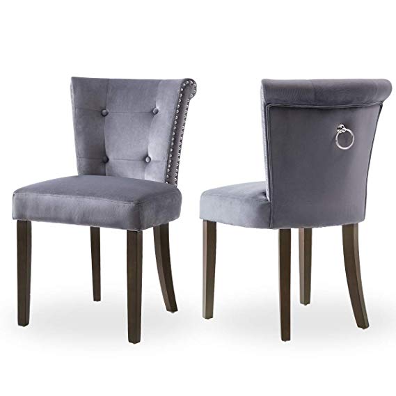 Victorian Dining Chair Button Tufted Armless Chair Upholstered Accent Chair with Nailhead Trim, Chair Ring Pull, Set of 2, Blue-Grey