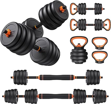 FEIERDUN Adjustable Dumbbells, 20/30/40/50/70/90lbs Free Weight Set with Connector, 4 in1 Dumbbells Set Used as Barbell, Kettlebells, Push up Stand, Fitness Exercises for Home Gym Suitable Men/Women