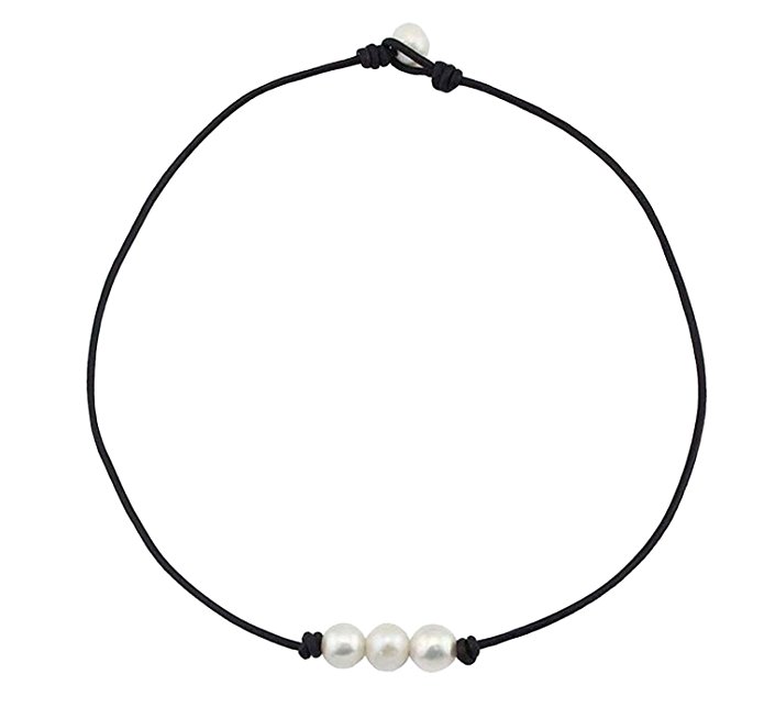 Freshwater Pearl Leather Rope Necklace for Women 3 Bead Necklace Handmade