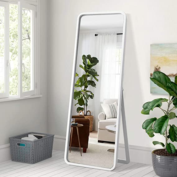 Trvone Full Length Dressing Mirror Wood Floor Mirror Solid Wood Frame Mirror with Standing Holder Solid Wooden Frame Hanging Mirror Leaning Against Wall Mounted Mirror (59"x20", White)