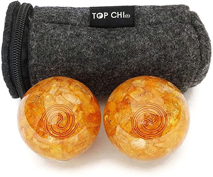 Top Chi Citrine Quartz Orgonite Baoding Balls with Carry Pouch for Hand Therapy, Exercise, and Stress Relief (Medium 1.6 Inch)