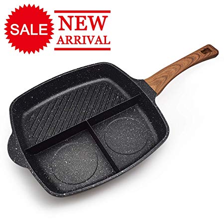 FRUITEAM Meal Skillet 3-in-1 Breakfast Pan Divided Skillet Grill Pan Stone & Ceramic Nonstic Frying Pan, 3 Section Divided Pan, Induction Fry Pan, 1 Year Warranty