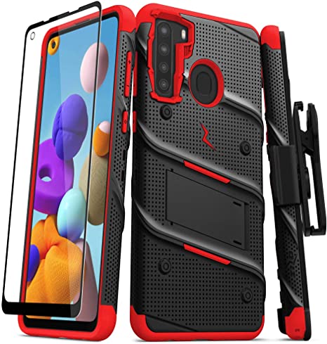 ZIZO Bolt Series for Samsung Galaxy A21 Case with Screen Protector Kickstand Holster Lanyard - Black & Red