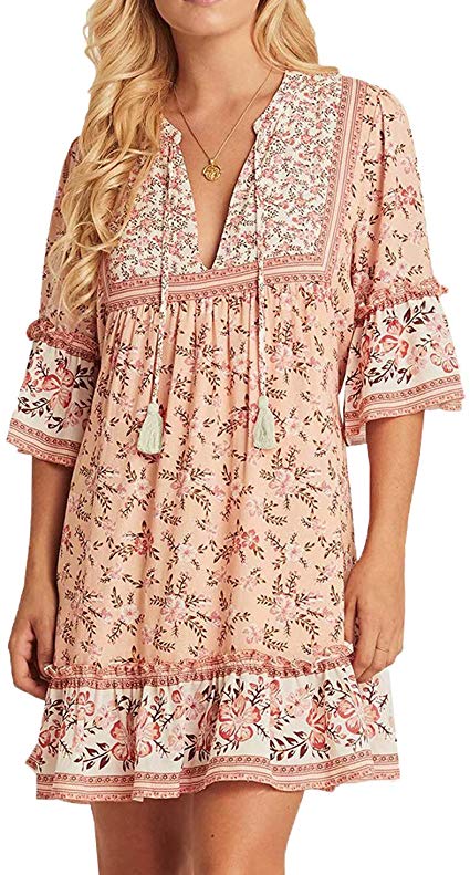 R.Vivimos Women's Summer Cotton Half Sleeve Ruffles V Neck Floral Print Tunic Dress