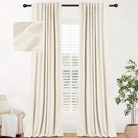 INOVADAY 100% Black Out Curtains 108 Inches Long 2 Panels Set, Back Tab/Rod Pocket Faux Linen Blackout Curtains, Thermal Insulated Darkening Drapes for Bedroom Living Room, 52''W x 108''L, Cream