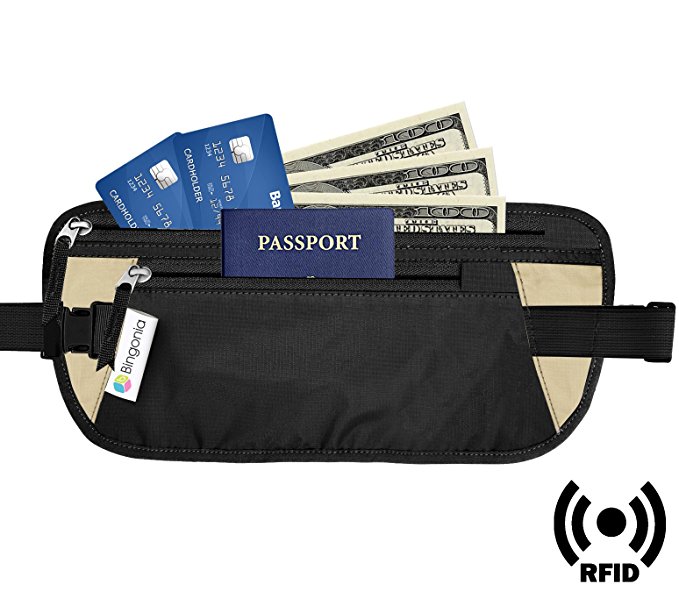 Money Belt Travel Wallet - RFID Blocking Wallet - Hidden Travel Wallet - High Quality Travel Passport Wallet Holder - Durable Waist Pouch Travel Gear- By Bingonia