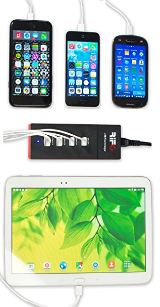4 Port USB Fast Charger for Smartphones (Compatible with Apple and Samsung), Tablets and Other Devices - One 5V/2A Port and Three 5V/1A Ports - Comes with Multi Color Interchangeable Ribbons