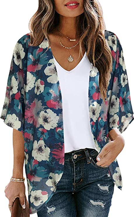 Women's Floral Print Puff Sleeve Kimono Cardigan Loose Cover Up Casual Blouse Tops