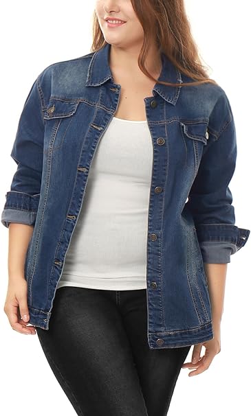 uxcell Women's Plus Size Stitching Button Front Washed Denim Jacket