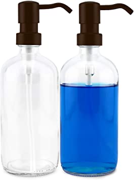 Cornucopia 16oz Glass Soap Dispensers with Bronze Pumps (2-Pack); Clear Glass Pump Bottles with Oil Rubbed Bronze Metal Tops for Liquid Soap, Dish Soap, Lotions and More