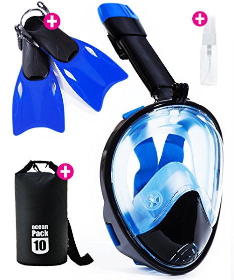 Snorkel Mask Full Face - 2017 Snorkeling Set for Adult Kids & Youth   Extra Diving Fins Dry Bag & Anti Fog Spray - Easybreath Gopro & Scuba Dive Gear - Easy Go Pro Head Mount Panoramic 180° SeaView