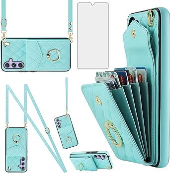 Asuwish Phone Case for Samsung Galaxy A54 5G Wallet Cover with Tempered Glass Screen Protector and Crossbody Wrist Strap Ring RFID Blocking Card Holder Leather Cell A 54 54A SM A546U 2023 Women Teal