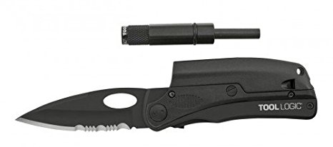 SOG SLPro Folding Knife ToolLogic SLPB2 - Tactical Black 3" Blade, Magnesium Firestarter, Whistle, LED Flashlight