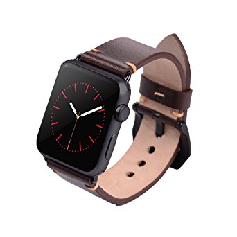 38mm Vintage Vegetable Tanned Genuine Leather Watch Band Replacement Wristband With Secure Metal Clasp Fit For I Watch Apple Watch (38mm Dark Brown Black Adaptor)