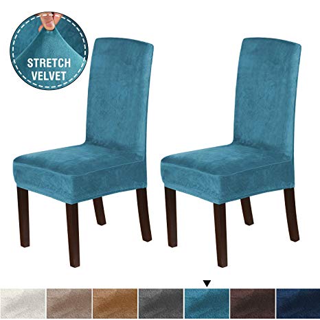 H.VERSAILTEX 2 Pack Velvet Plush Dining Room Chair Slipcovers Stretch Chair Covers for Home Decor Dining Chair Slipcovers Washable Removable Dining Chair Protector Cover for Dining Room, Peacock Blue